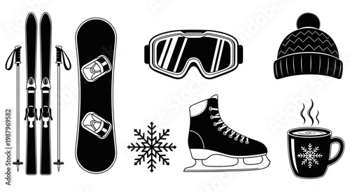 Collection of winter sport equipment icons for skiing and snowboarding