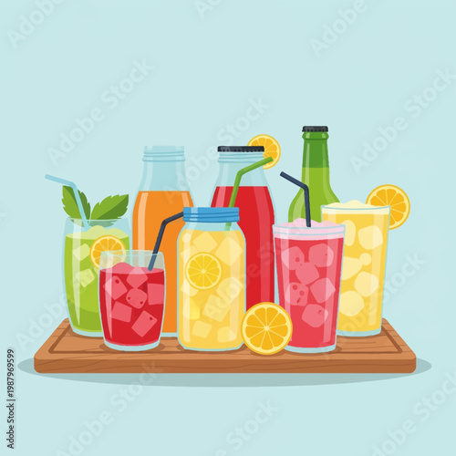 Vector illustration of various colorful summer beverages including fruit juices and lemonades in glasses and jars with ice cubes and citrus slices on a wooden serving board.