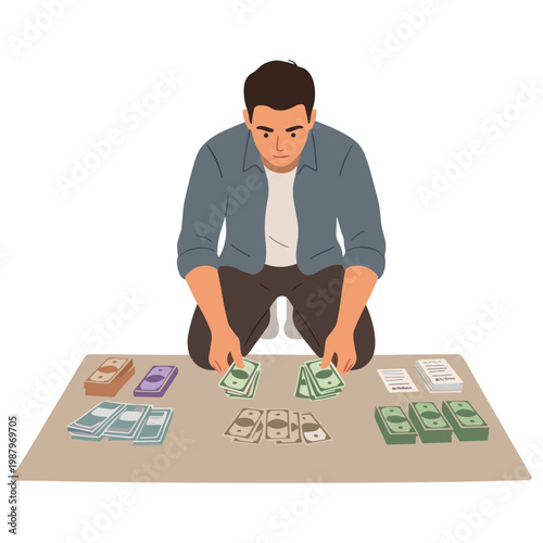 Man counting money on the floor with various bills and stacks