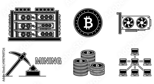 Black and white icons showing cryptocurrency mining and blockchain network technology