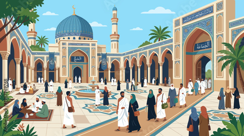 Illustration of a Traditional Middle Eastern Mosque Courtyard with People.