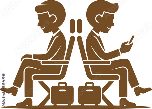 Businessmen sitting back to back with briefcases while traveling one using mobile phone vector illustration white background businessmen airplane