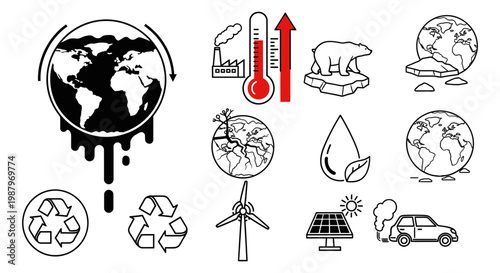 Collection of various environmental impact icons and global warming climate symbols