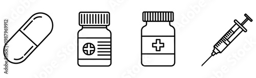 Medical icons featuring pill bottles and a syringe for healthcare supplies
