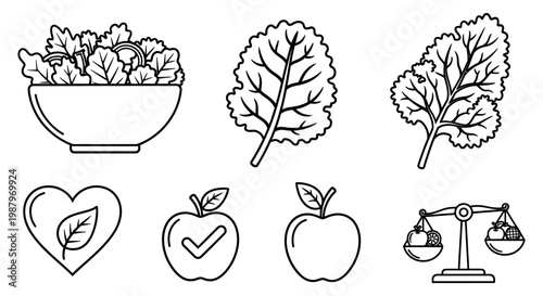 Collection of simple black and white icons representing healthy food choices