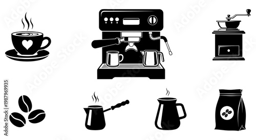 Various black coffee icons representing brewing equipment and roasted bean bags