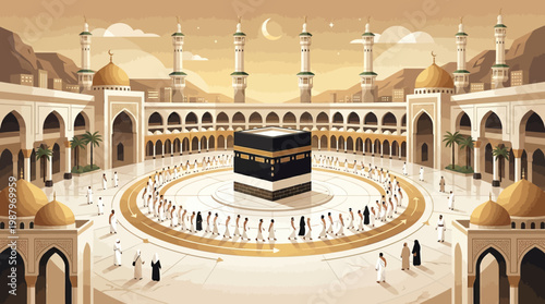 Interior of Sacred Mosque with Holy Kaaba Centerpiece.