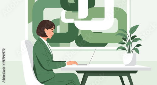 woman sitting at desk with laptop and plant in modern office space.