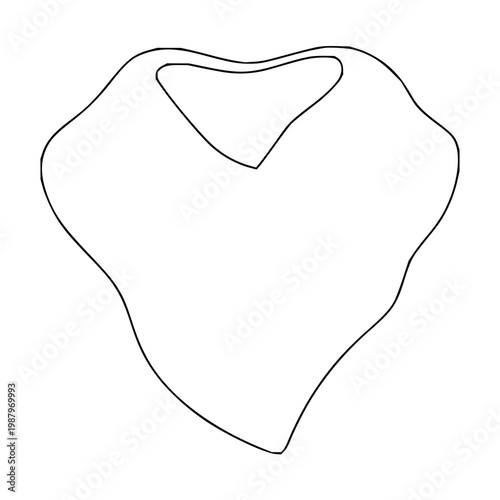 A simple line drawing of a white bib for a baby, shaped like a heart with scalloped edges and a V-neck opening, perfect for graphic design or illustrating baby items