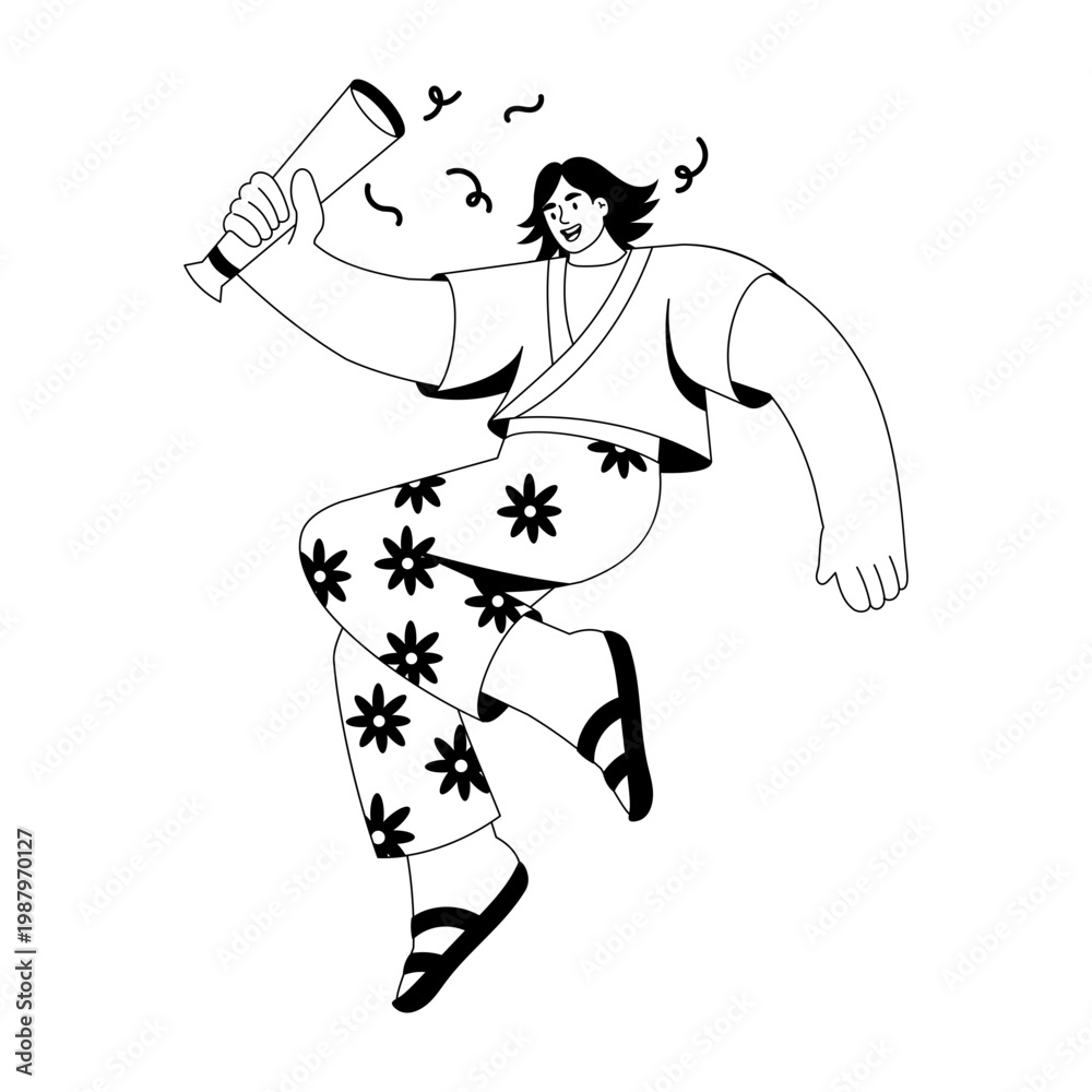 Obraz premium A glyph style illustration depicting a character holding a confetti 