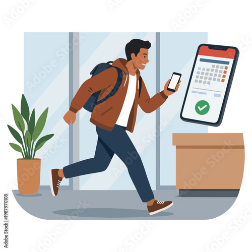 Man runs quickly past a calendar on a table with a phone.