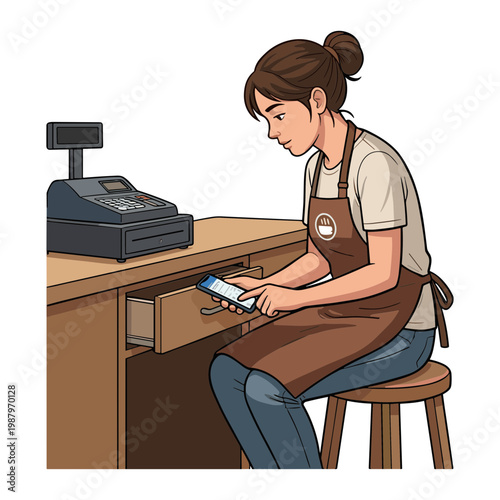 Woman using a credit card on a payment terminal at a desk