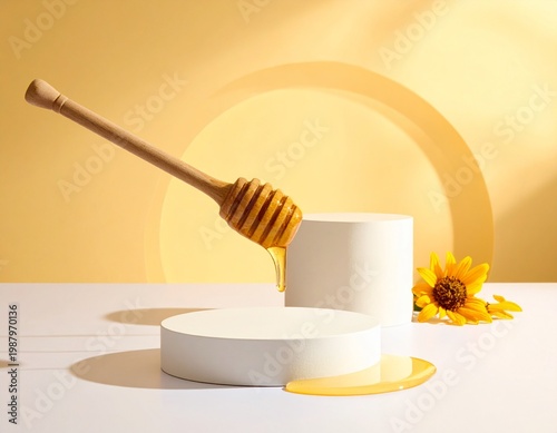 Organic Honey Product Display with Honey Bee, Dipper, Yellow Flower, and Minimalist Podium Stage