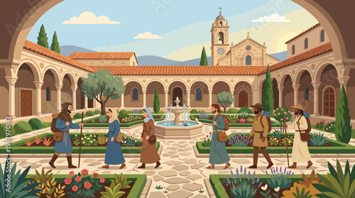 Historic Cloister Courtyard with Statues and Fountain.