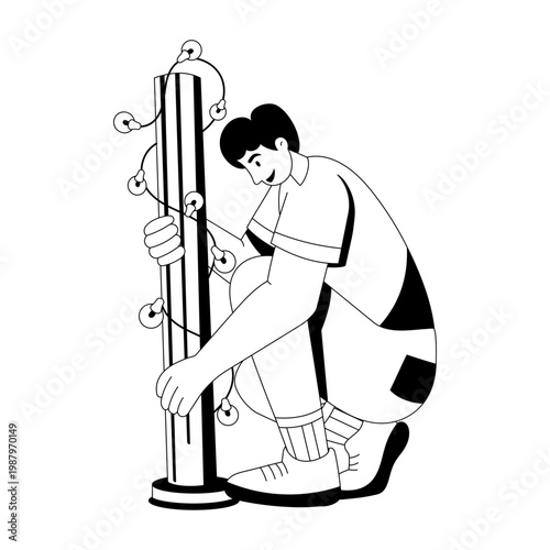 A glyph style illustration depicting a character wrapping lights decoration
