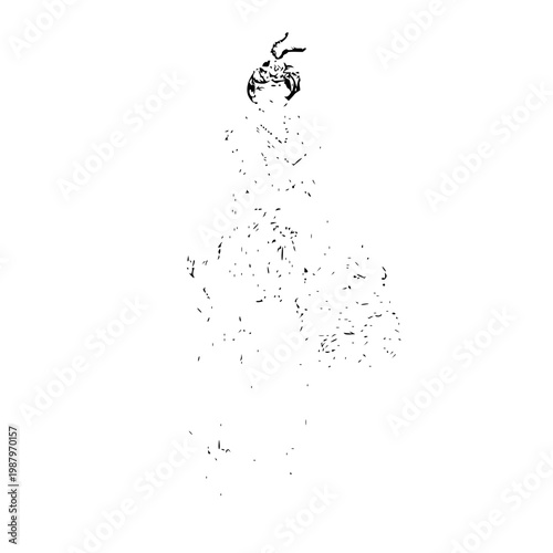 A simple, abstract illustration of a figure descending or emerging from a cloud of particles on a white background