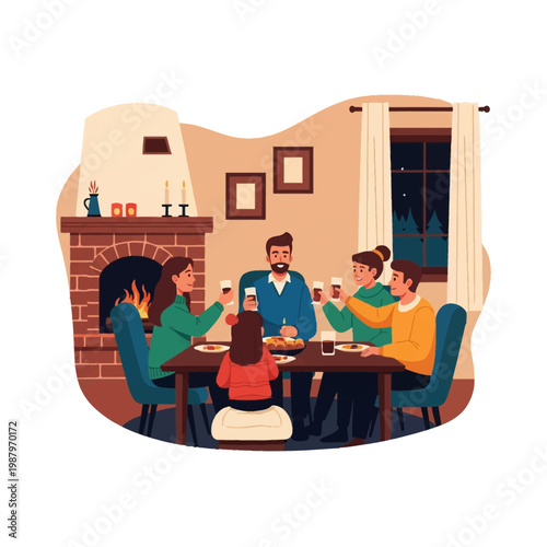 Vector illustration of a family gathering around a dining table in a cozy room with a brick fireplace, raising glasses for a toast during a winter holiday dinner at night.