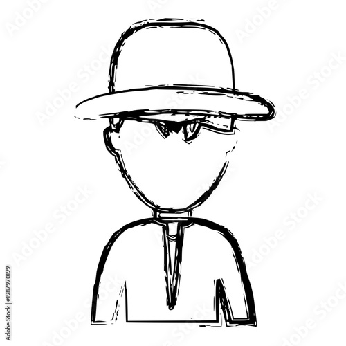 Sketch illustration of a person wearing a hat and a collared shirt, representing a simple, stylized figure in a casual or formal setting