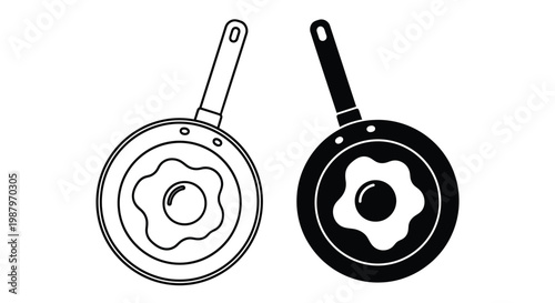 A pair of frying pans are depicted one filled with a fried egg and the other empty
