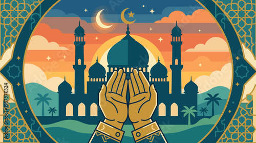 Islamic Mosque with Hands in Prayer Silhouette.