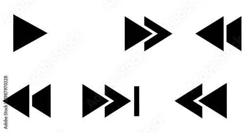 Black media control buttons representing playback and navigation on digital interfaces