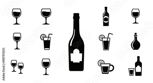 Collection of black wine and beverage icons featuring assorted wine glasses, bottles, cocktails with straws and citrus slices, decanters, and shot glasses on a white background.