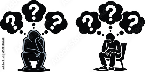 Pensive people with multiple question marks in thought bubbles contemplating problems and uncertainty vector illustration white background