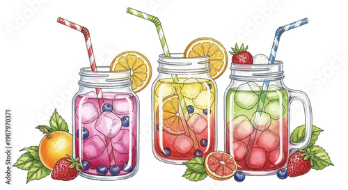 Watercolor illustration of three mason jar glasses with colorful summer fruit drinks, ice cubes, striped straws, blueberries, strawberries, and citrus slices on a white background.