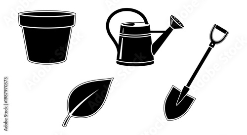 Essential garden equipment set including pots shovel leaf and watering can
