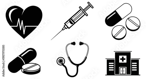 Various medical icons representing healthcare services and essential clinical equipment supplies