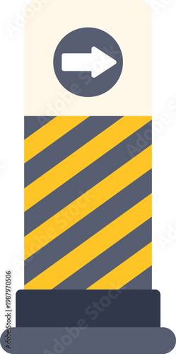 Road barrier bollard with yellow and black stripes showing a right arrow