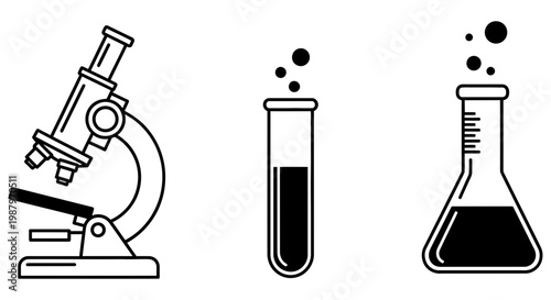 Scientific microscope and laboratory glass beakers for chemical research analysis work