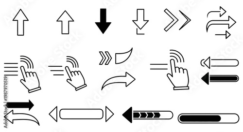 Collection of diverse directional arrows and finger cursor interaction icon symbols