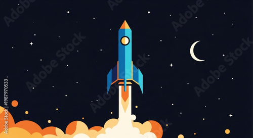 Blue rocket ship launching into starry night sky with crescent moon and orange flames