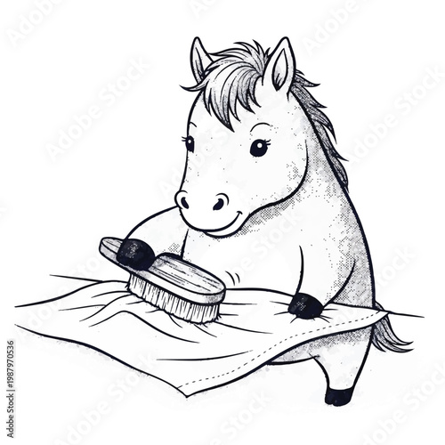 Horse grooming with a brush tool.