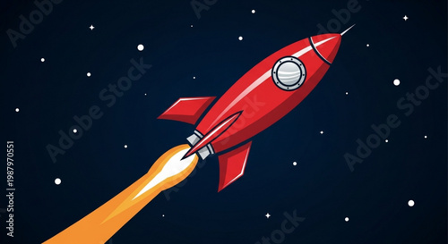 Vibrant red cartoon rocket ship blasting off into starry night sky with orange flame