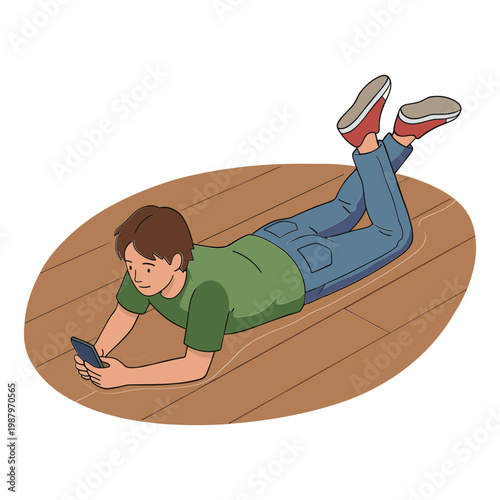 A man lies on a wooden floor using a smartphone.