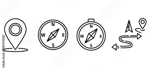 Set of linear icons showing navigation tools and location markers