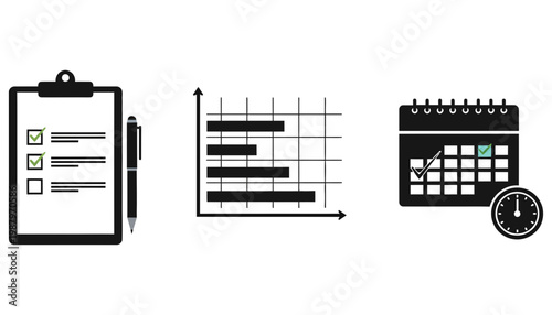 Icons showing project management tasks with charts and a calendar