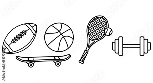 Various sports equipment icons displayed as simple black and white illustrations