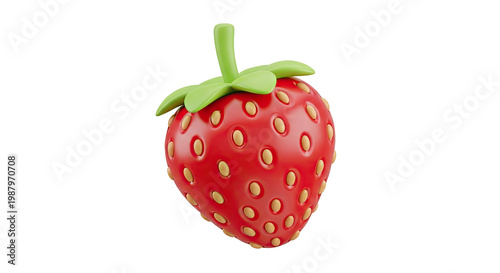 3D Rendered Cartoon Strawberry with Green Leaves and Stem