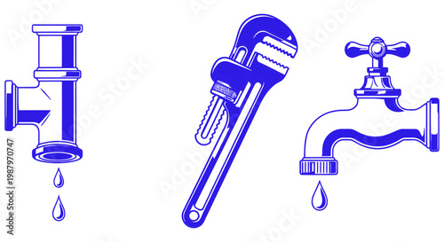 Various blue plumbing icons showing pipe wrench and dripping water faucet