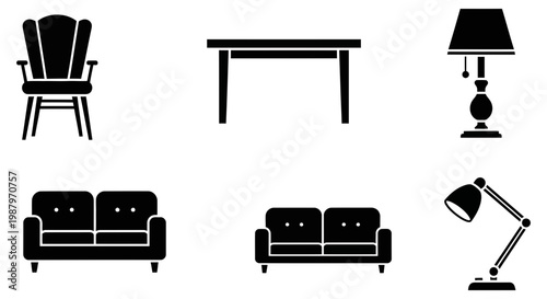 Set of black household furniture icons showing chairs and tables