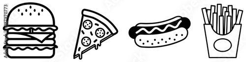 Delicious fast food icons featuring burger pizza hotdog and french fries