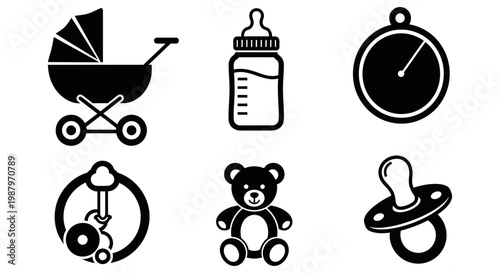 Collection of various simple black baby accessory icons on white background
