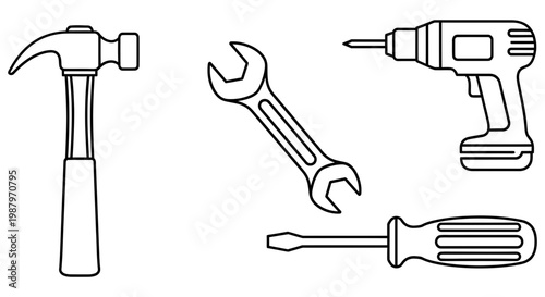 Four essential hand tools drawn in simple black outline style