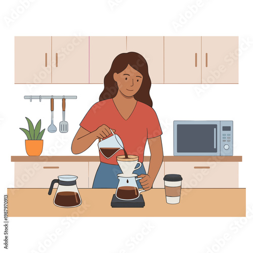 Woman pouring coffee into a cup on a kitchen counter with a coffee maker and microwave
