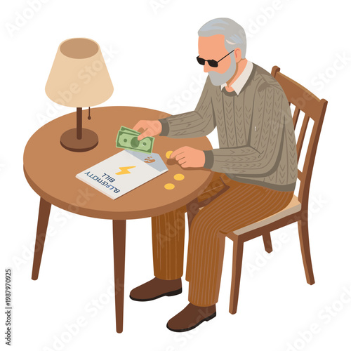 An elderly man sitting at a table counting money and bills indoors.