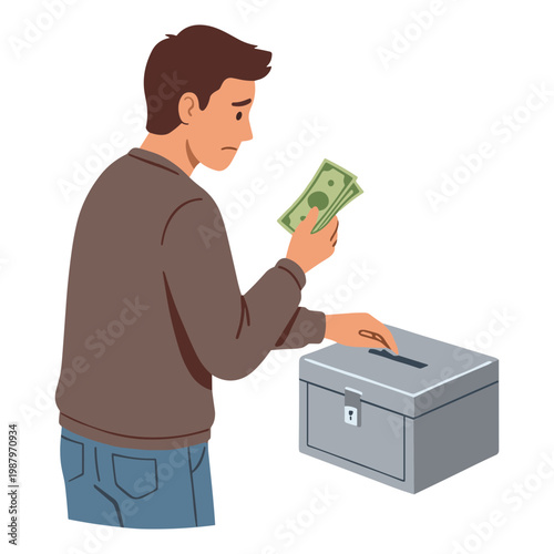 Man depositing money into a locked box with cash in hand.