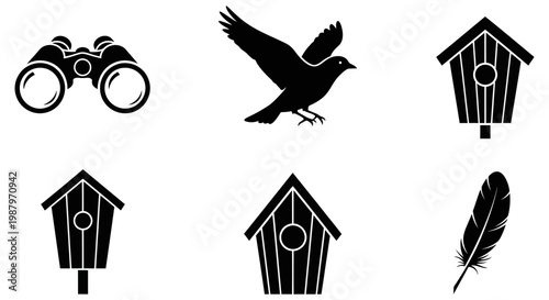 Set of black bird watching icons with houses and binoculars